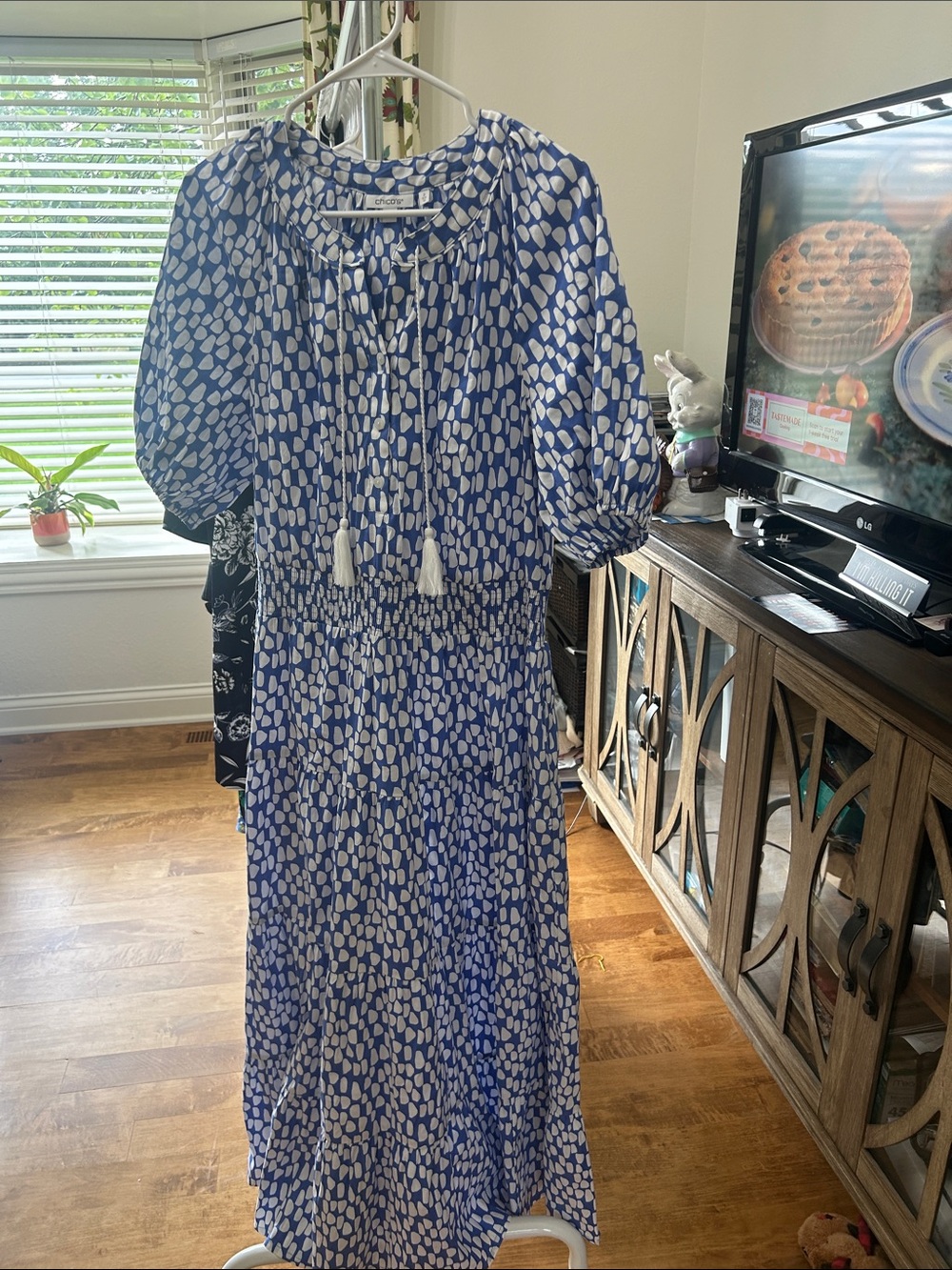 Chico's Blue & White Printed Maxi Dress with Tassel Tie